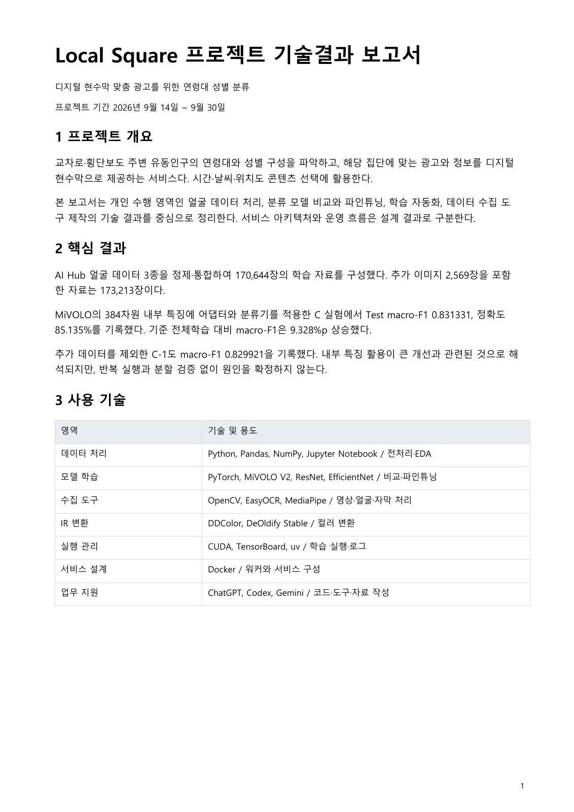 Local Square 기술 결과 보고서 1페이지
